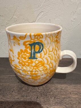 Anthropologie Homegrown Monogram “P” Mug - Retired Style - Yellow Flora Toile